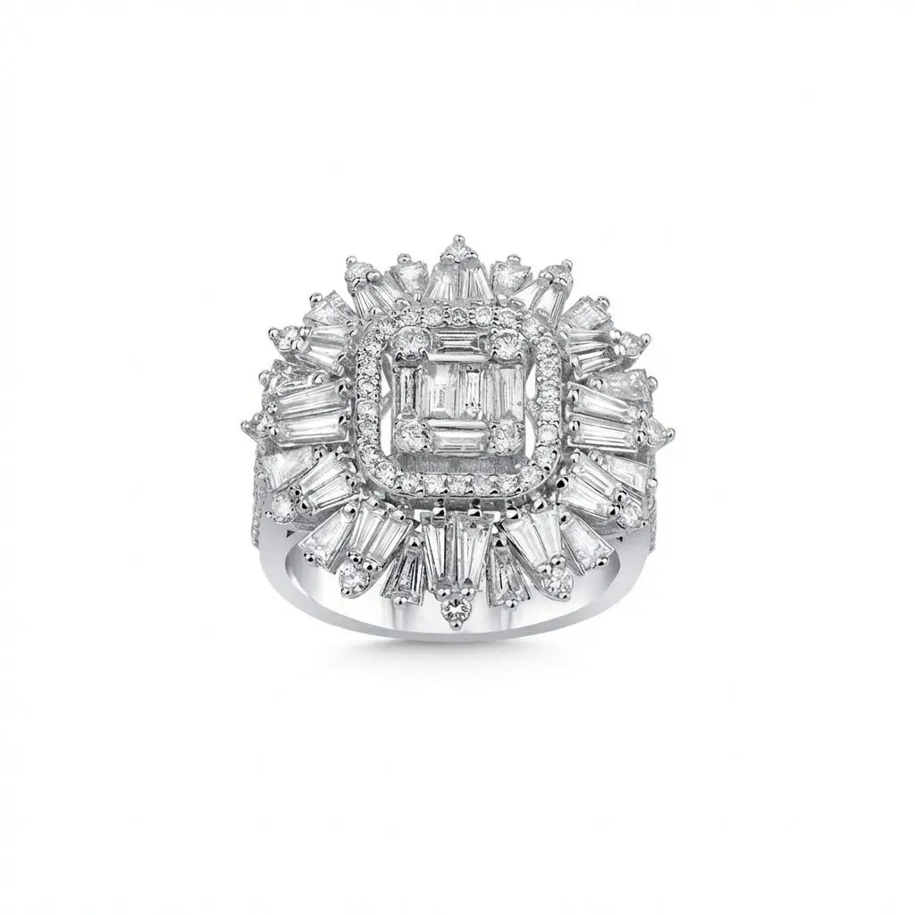 Baguette Diamond Sunburst Statement solid diamond ring by Majestic Jewellery