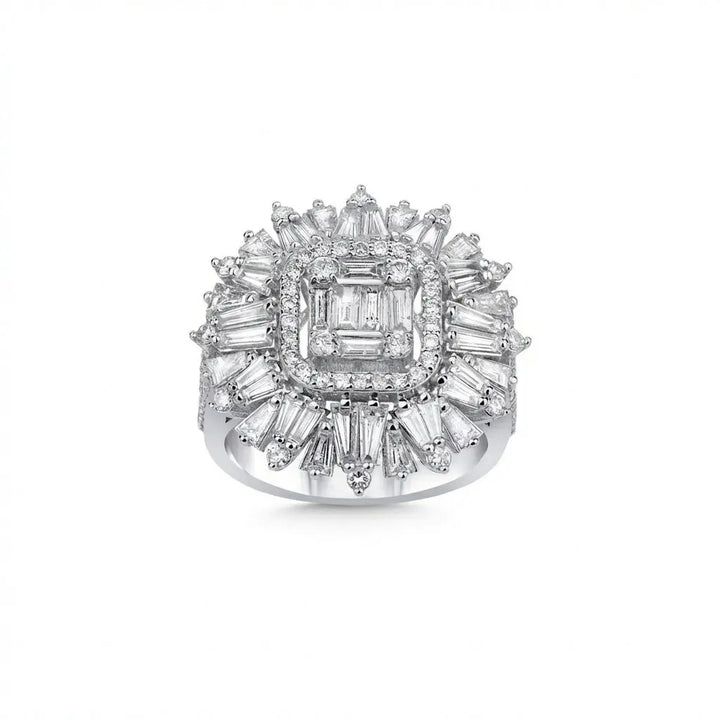 Baguette Diamond Sunburst Statement solid diamond ring by Majestic Jewellery