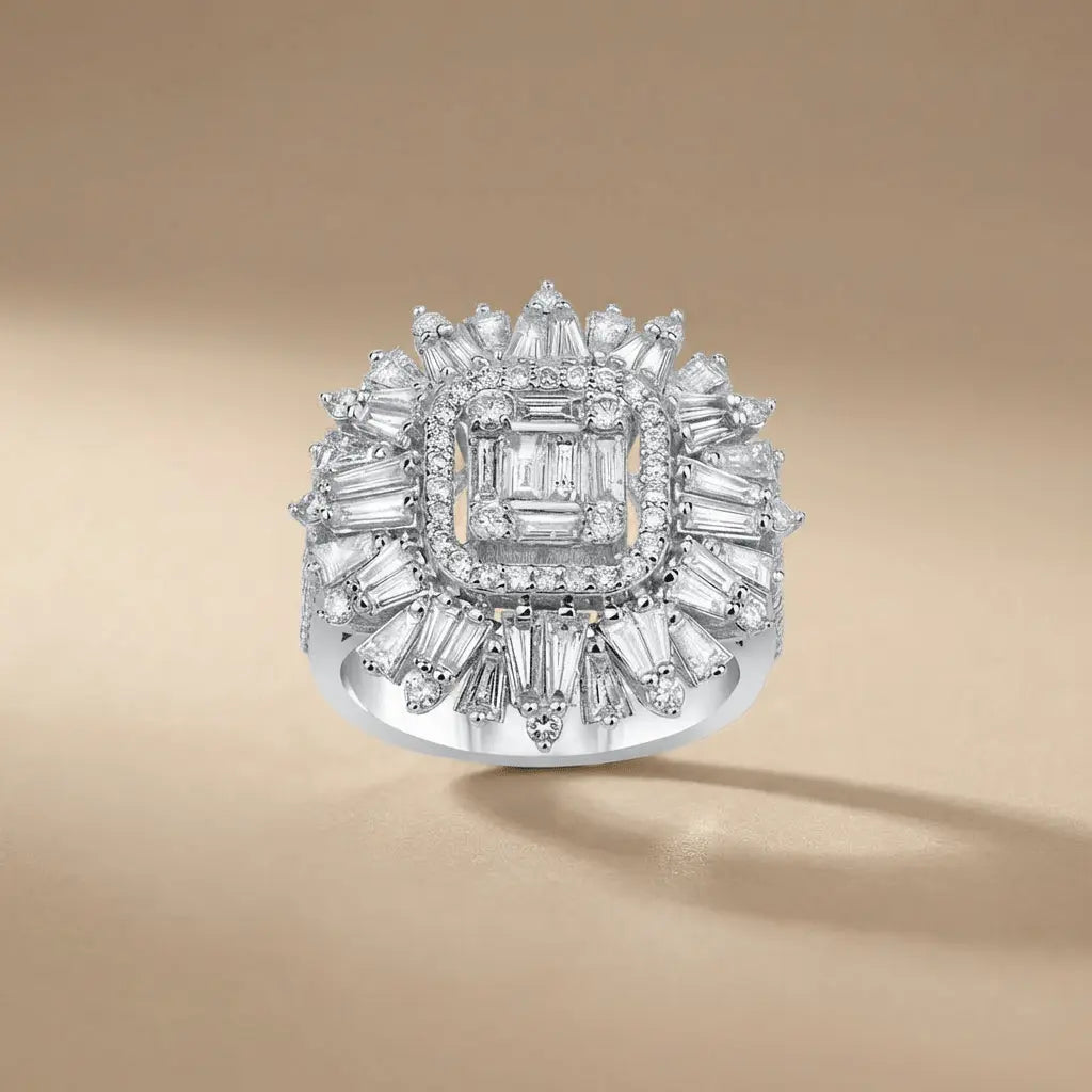 Baguette Diamond Sunburst Statement solid diamond ring by Majestic Jewellery