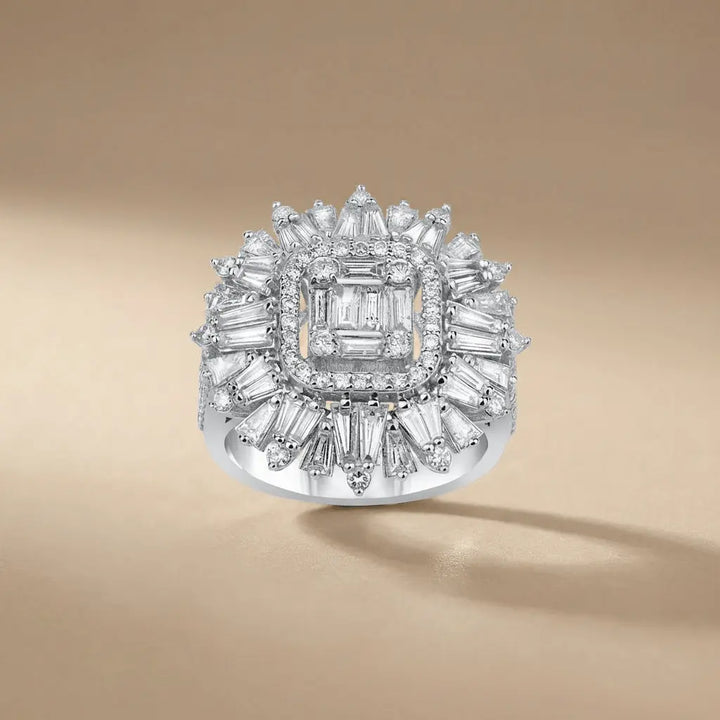 Baguette Diamond Sunburst Statement solid diamond ring by Majestic Jewellery