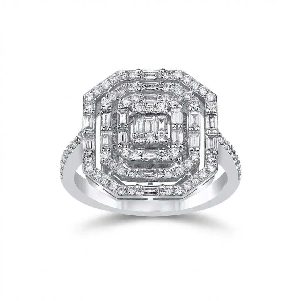 Geometric Baguette Halo Diamond Ring — 14K White Gold - Majestic Jewellery