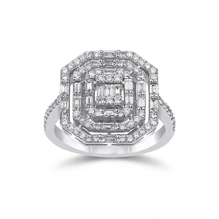 Geometric Baguette Halo Diamond solid diamond ring by Majestic Jewellery