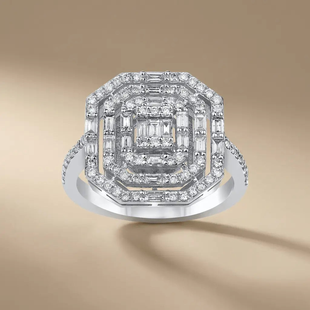 Geometric Baguette Halo Diamond Ring — 14K White Gold - Majestic Jewellery