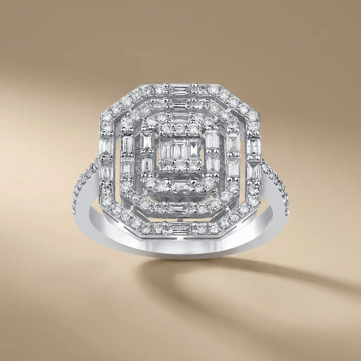 Geometric Baguette Halo Diamond solid diamond ring by Majestic Jewellery