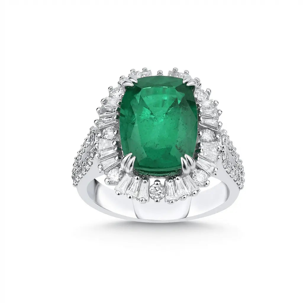 Emerald & Diamond Halo Statement Ring — 14K White Gold - Majestic Jewellery