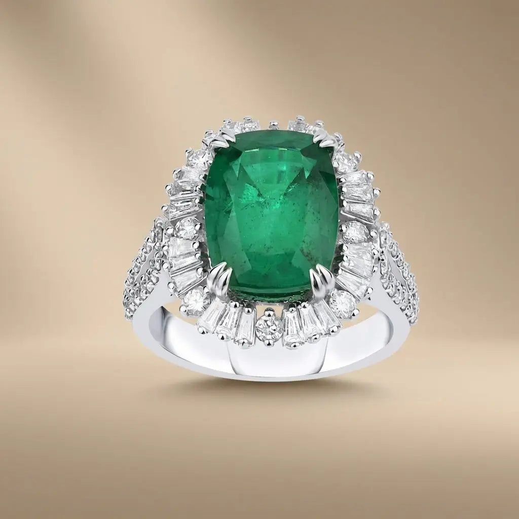 Emerald & Diamond Halo Statement Ring — 14K White Gold - Majestic Jewellery