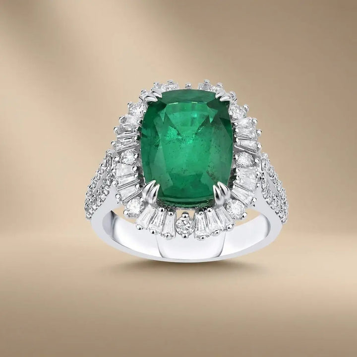 Emerald & Diamond Halo Statement solid diamond ring by Majestic Jewellery