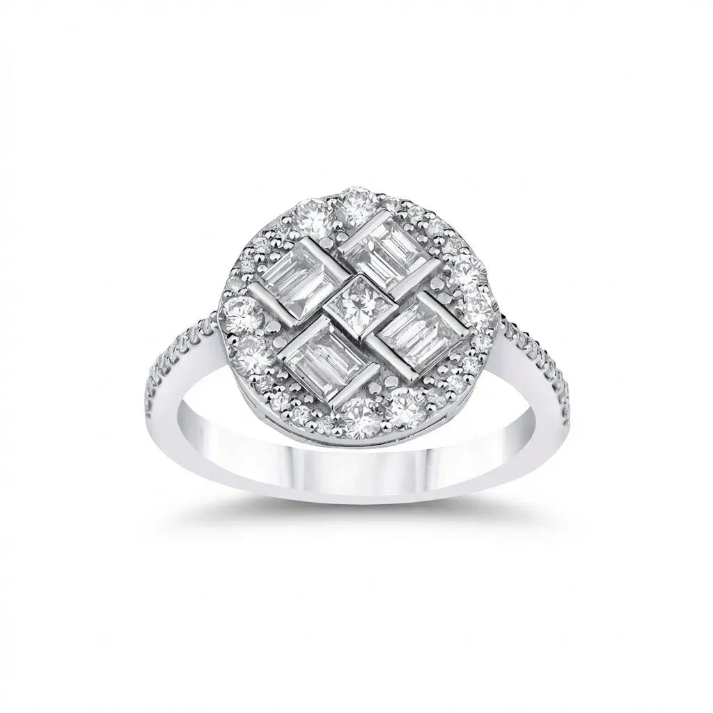 Baguette & Round Diamond Cluster Ring — 14K White Gold - Majestic Jewellery