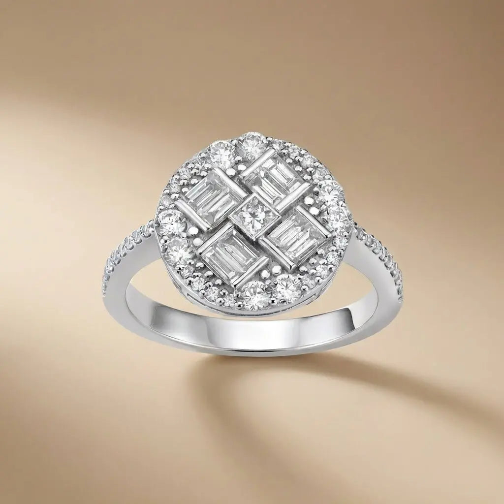 Baguette & Round Diamond Cluster Ring — 14K White Gold - Majestic Jewellery
