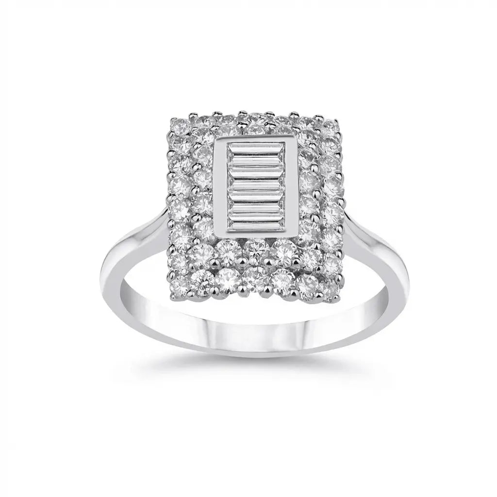 Square Baguette Diamond Halo Ring — 14K White Gold - Majestic Jewellery