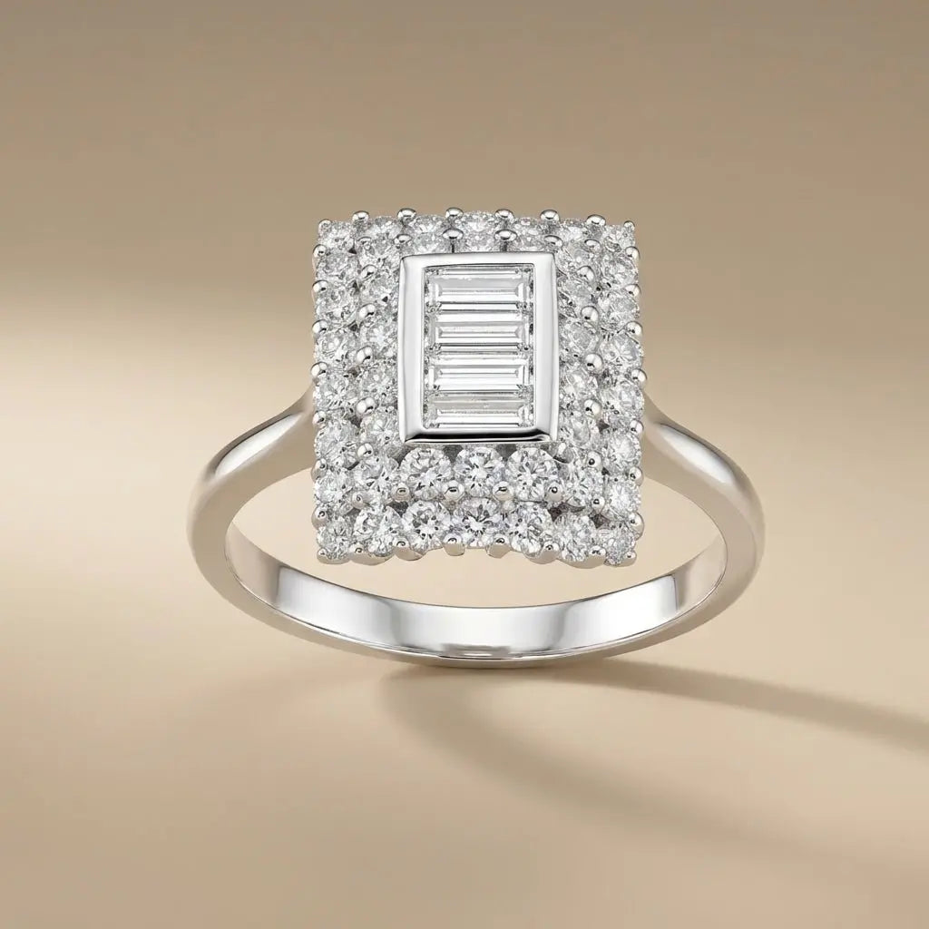 Square Baguette Diamond Halo Ring — 14K White Gold - Majestic Jewellery