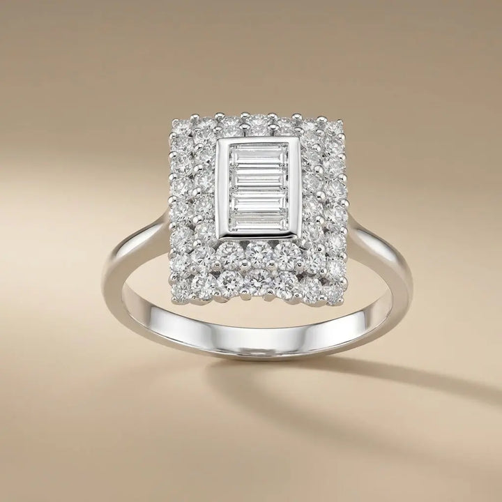 Square Baguette Diamond Halo solid diamond ring by Majestic Jewellery