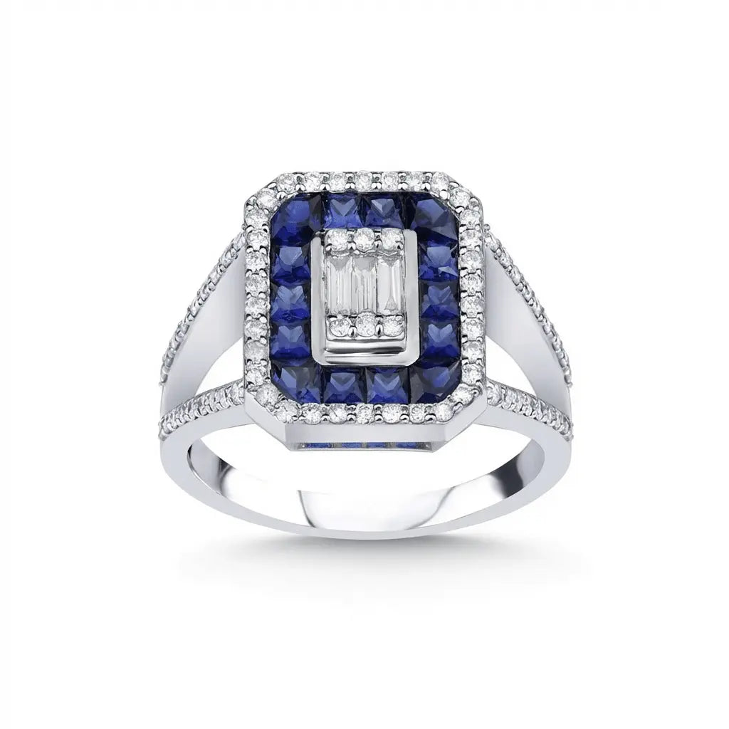Sapphire & Diamond Halo Ring — 14K White Gold - Majestic Jewellery