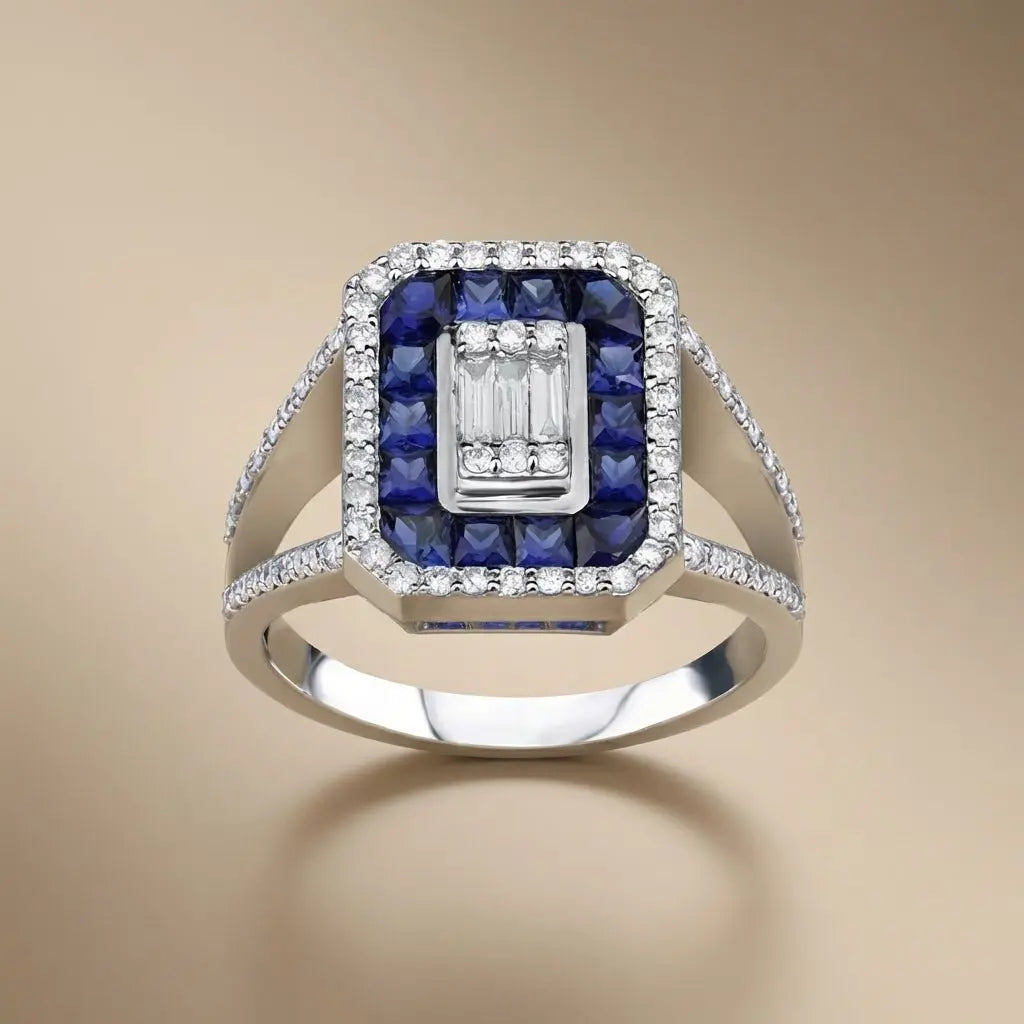 Sapphire & Diamond Halo Ring — 14K White Gold - Majestic Jewellery