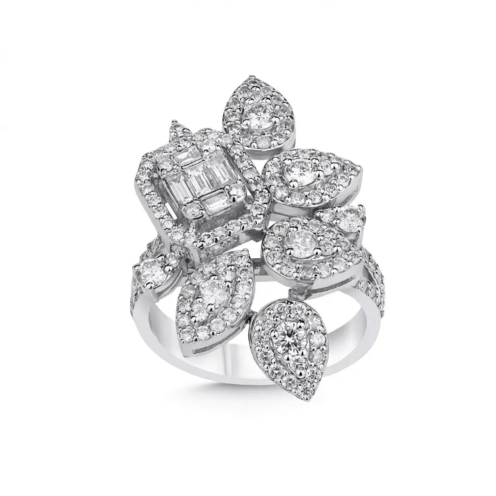 Floral Diamond Cluster Statement Ring — 14K White Gold - Majestic Jewellery
