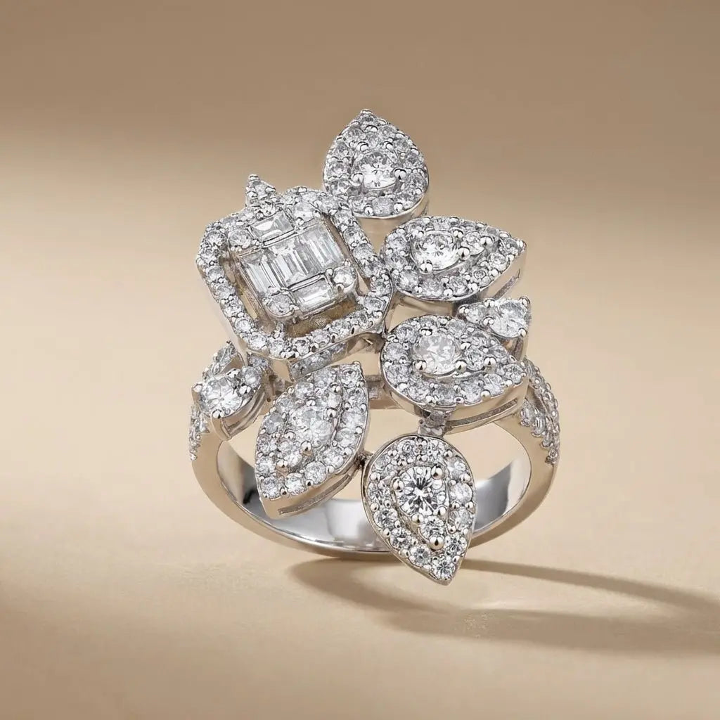 Floral Diamond Cluster Statement Ring — 14K White Gold - Majestic Jewellery