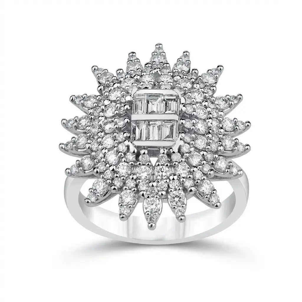 Radiant Sunburst Diamond Statement Ring — 14K White Gold - Majestic Jewellery
