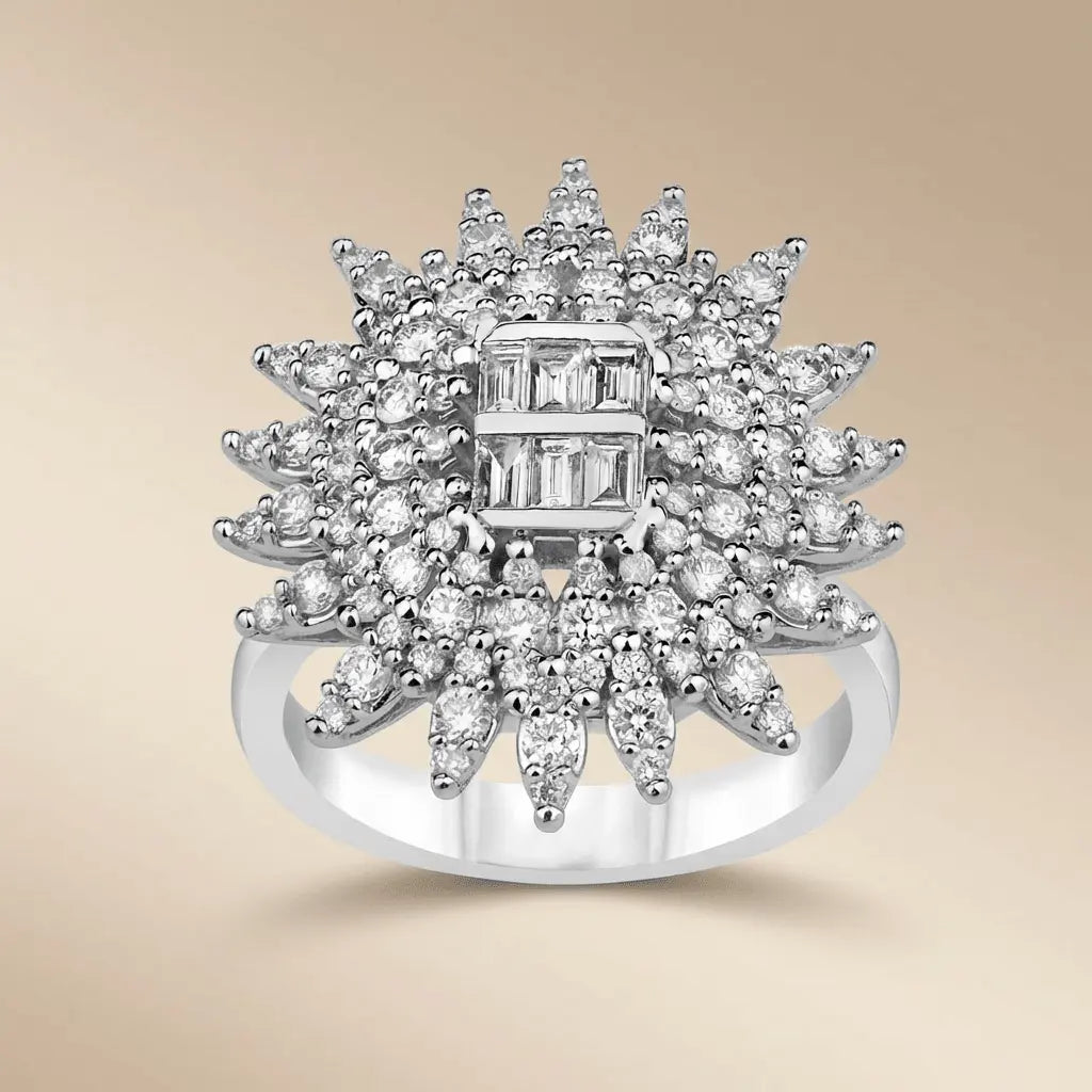 Radiant Sunburst Diamond Statement Ring — 14K White Gold - Majestic Jewellery