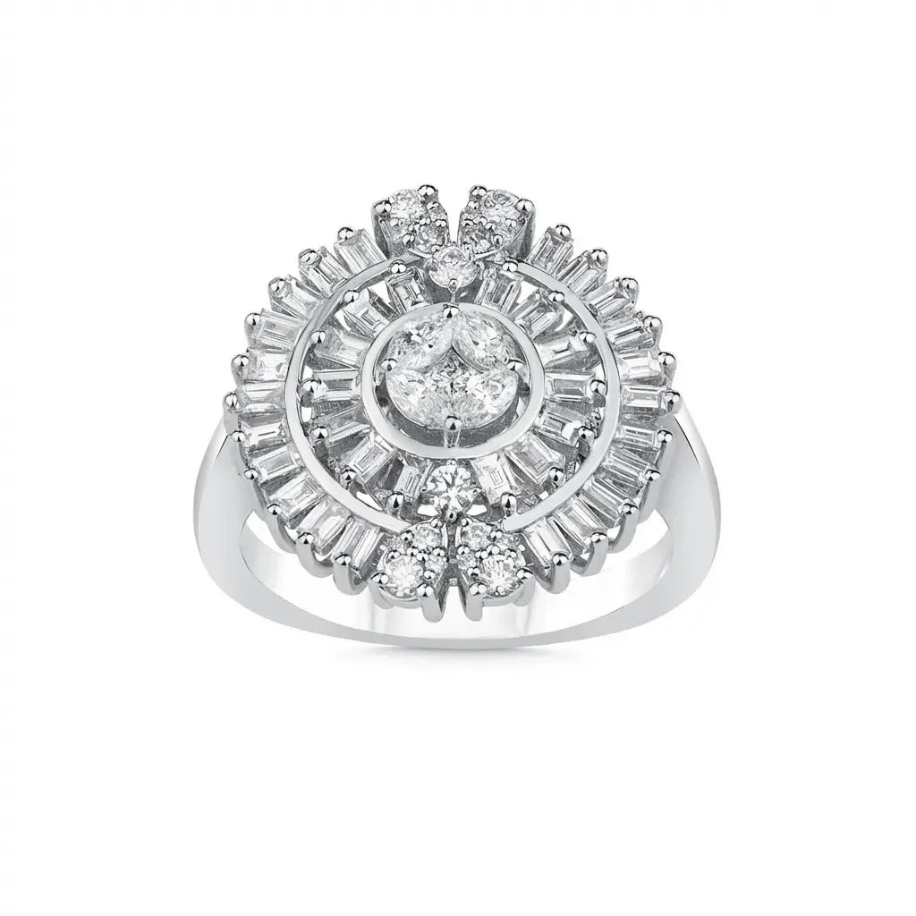 Floral Baguette Halo Diamond Ring in 14K White Gold – 1.20 ct Natural Diamonds - Majestic Jewellery