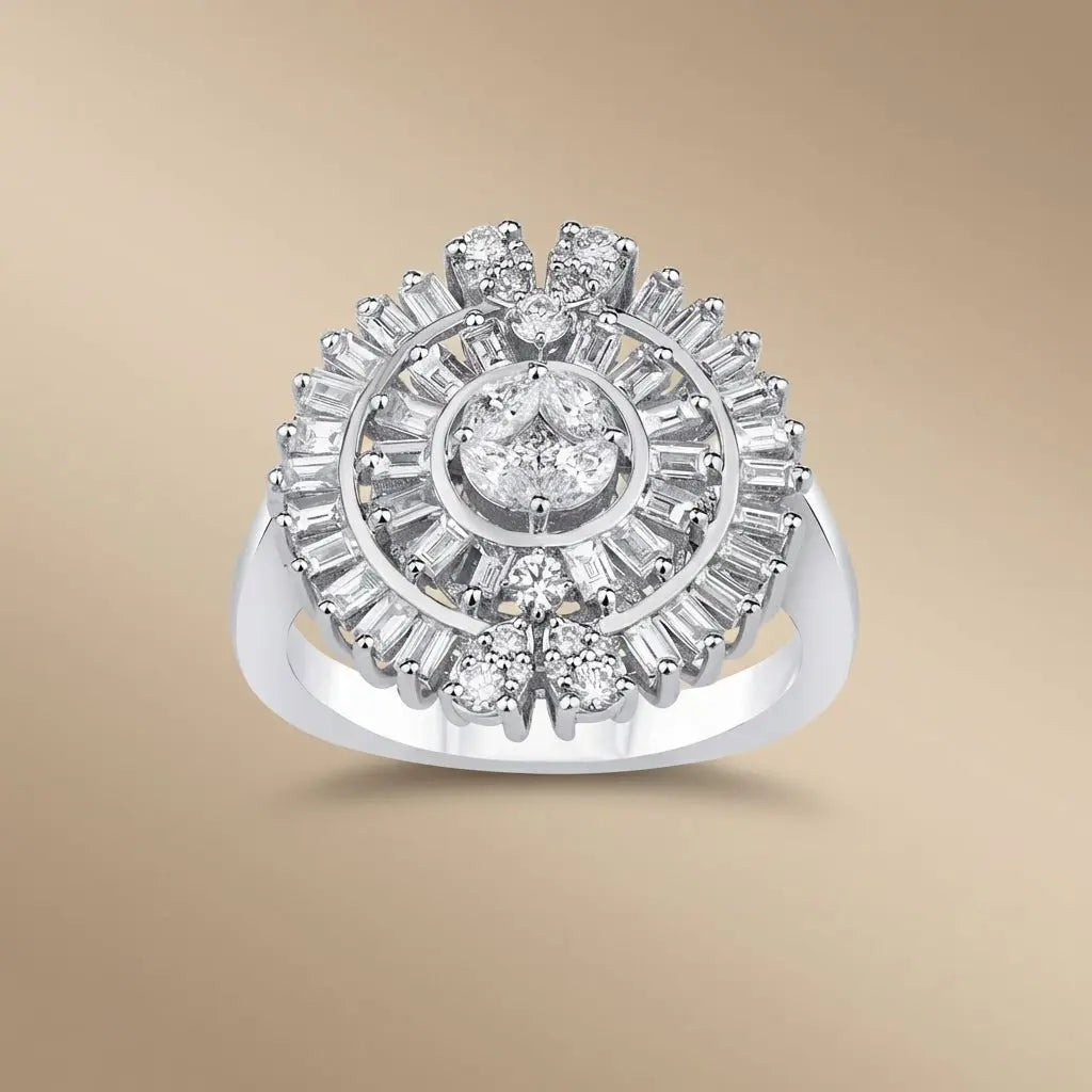 Floral Baguette Halo Diamond Ring in 14K White Gold – 1.20 ct Natural Diamonds - Majestic Jewellery