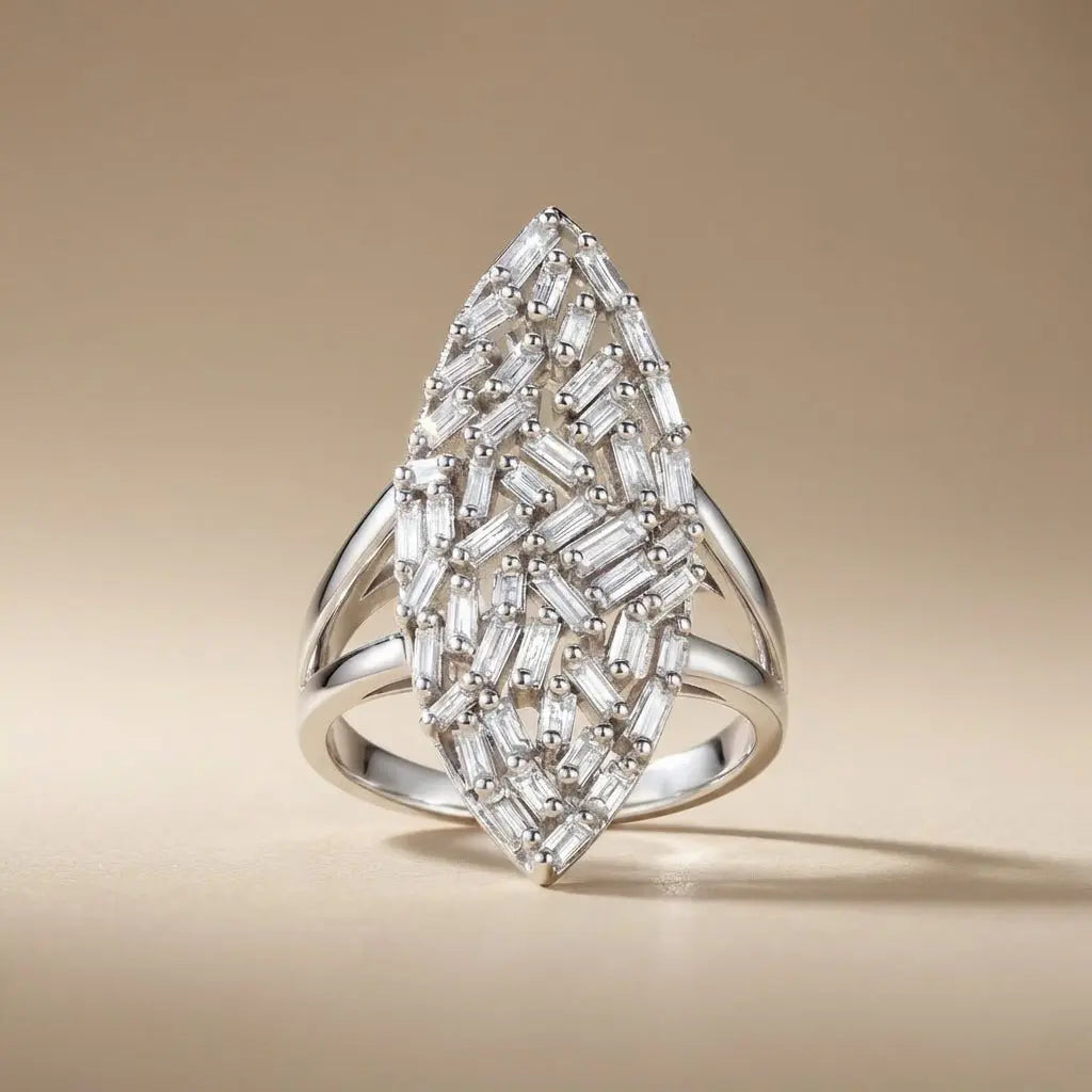 Marquise Baguette Diamond Statement Ring in 14K White Gold – 0.96 ct Natural Diamonds - Majestic Jewellery