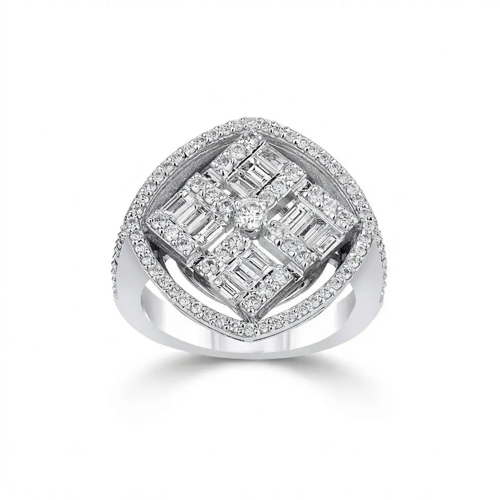 Square Halo Baguette & Round Diamond Cluster Ring in 14K White Gold – 1.28 ct Natural Diamonds - Majestic Jewellery