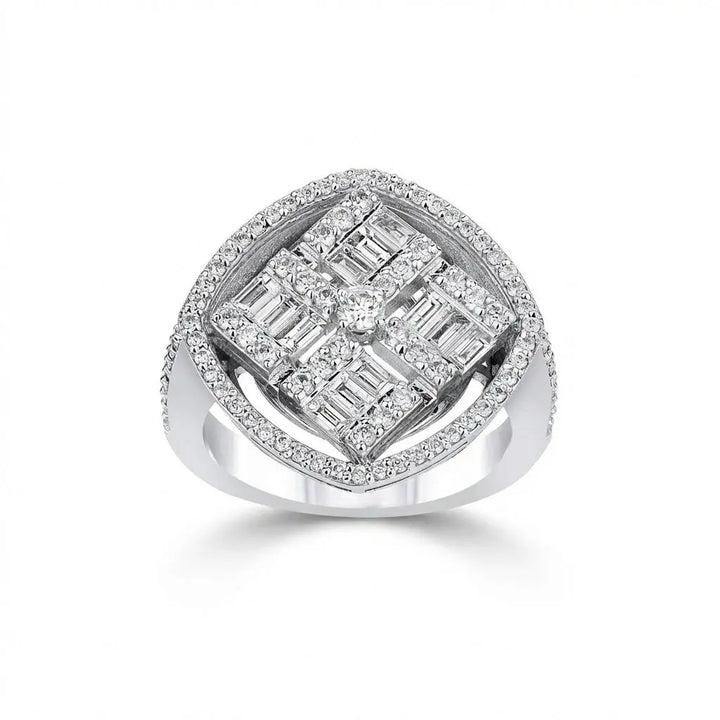 Square Halo Baguette & Round Diamond Cluster Ring in 14K White Gold – 1.28 ct Natural Diamonds - Majestic Jewellery