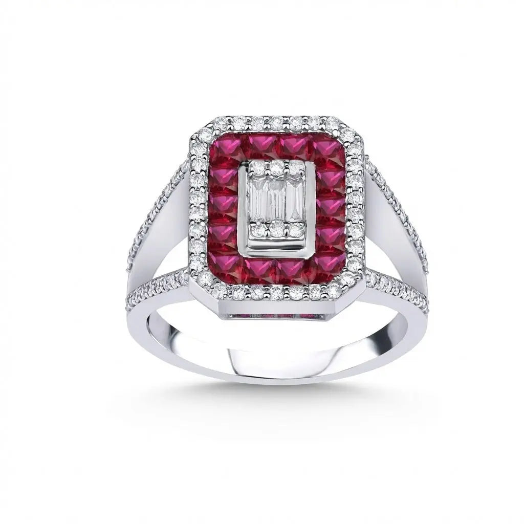 Ruby Halo Diamond Ring with Baguette Center in 14K White Gold – 1.47 ct Gemstone & Natural Diamonds - Majestic Jewellery