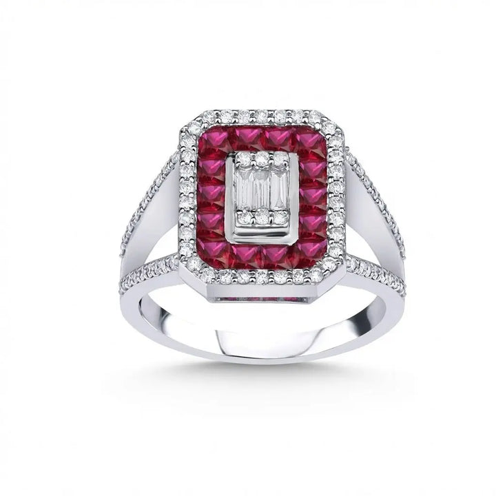 Ruby Halo Diamond with Baguette Center in 1.47 ct Gemstone & Natural Diamonds solid diamond ring by Majestic Jewellery