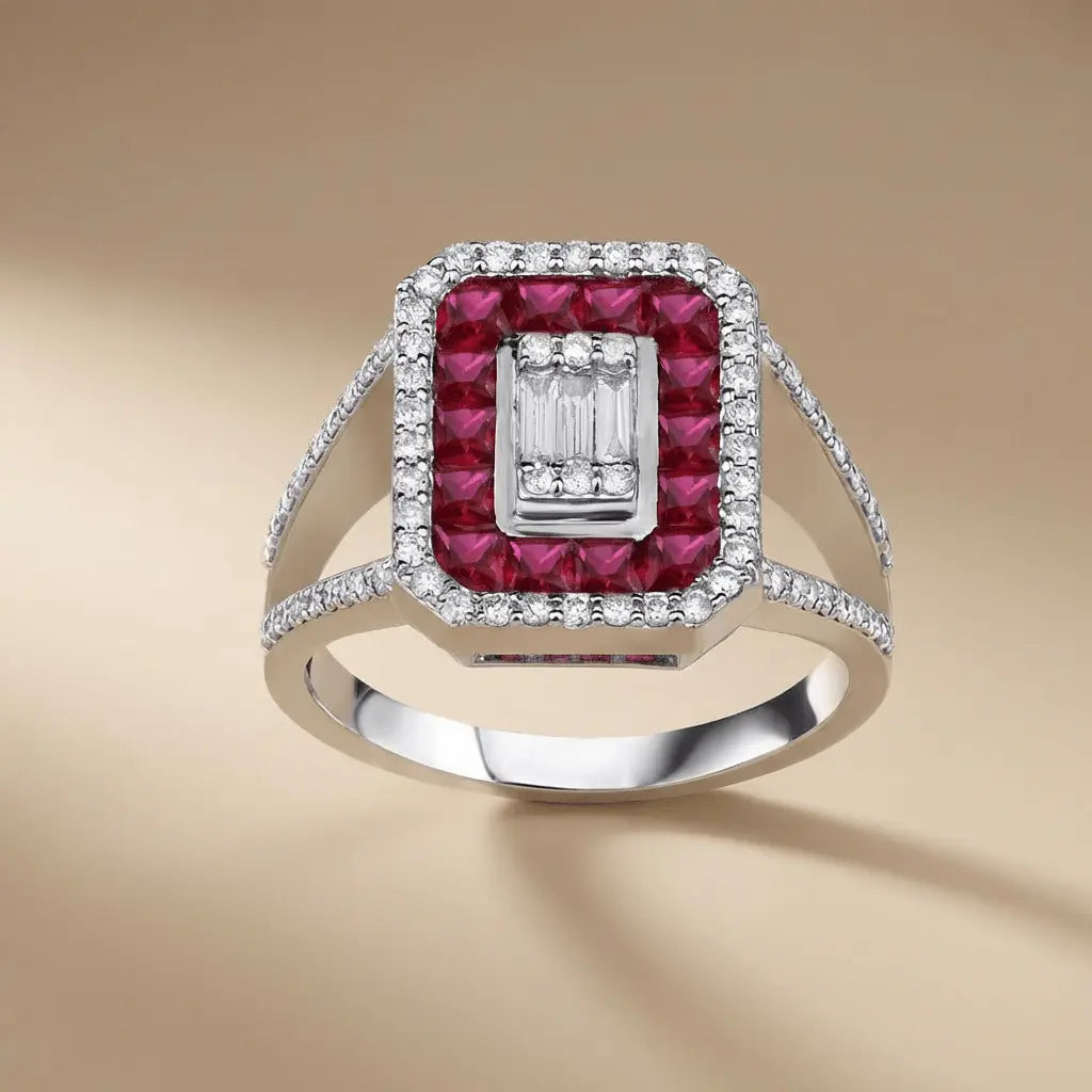 Ruby Halo Diamond Ring with Baguette Center in 14K White Gold – 1.47 ct Gemstone & Natural Diamonds - Majestic Jewellery