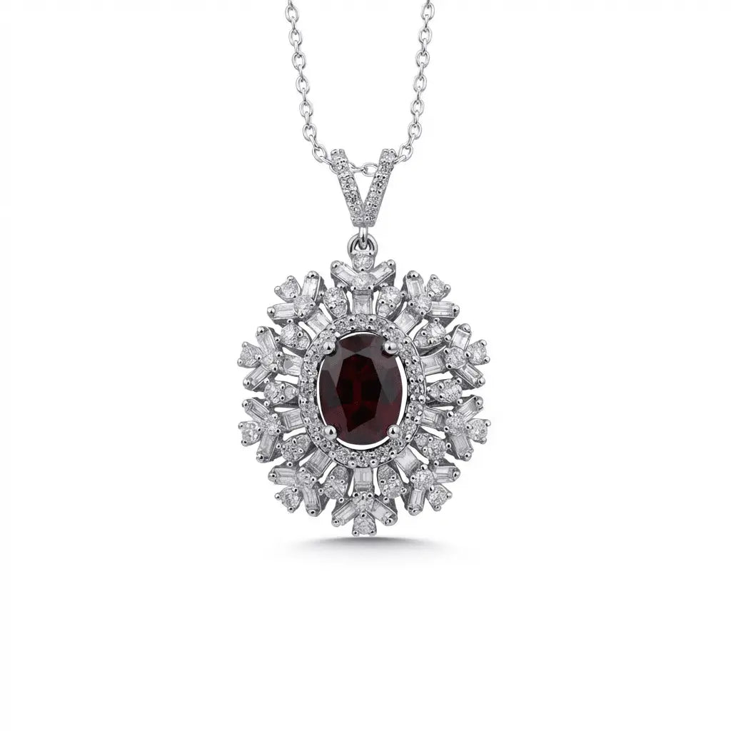Ruby Sunburst Diamond Pendant Necklace in 14K White Gold – 2.68 ct Ruby & Natural Diamonds - Majestic Jewellery