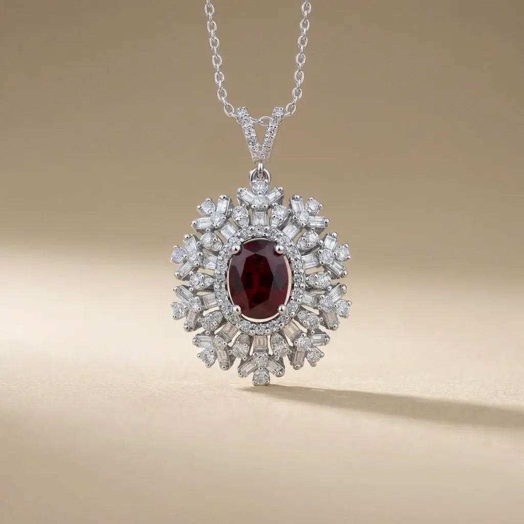 Ruby Sunburst Diamond Pendant Necklace in 14K White Gold – 2.68 ct Ruby & Natural Diamonds - Majestic Jewellery