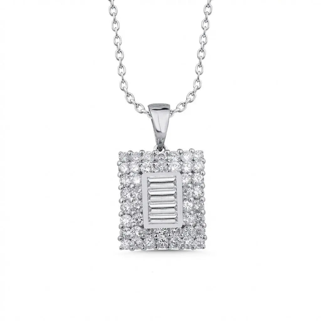 Square Baguette Diamond Cluster Pendant in 14K White Gold – 1.02 ct Natural Diamonds - Majestic Jewellery