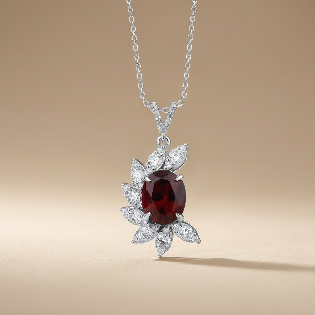 Oval Ruby Diamond Leaf Pendant in 14K White Gold – 5.06 ct Ruby & Natural Diamonds