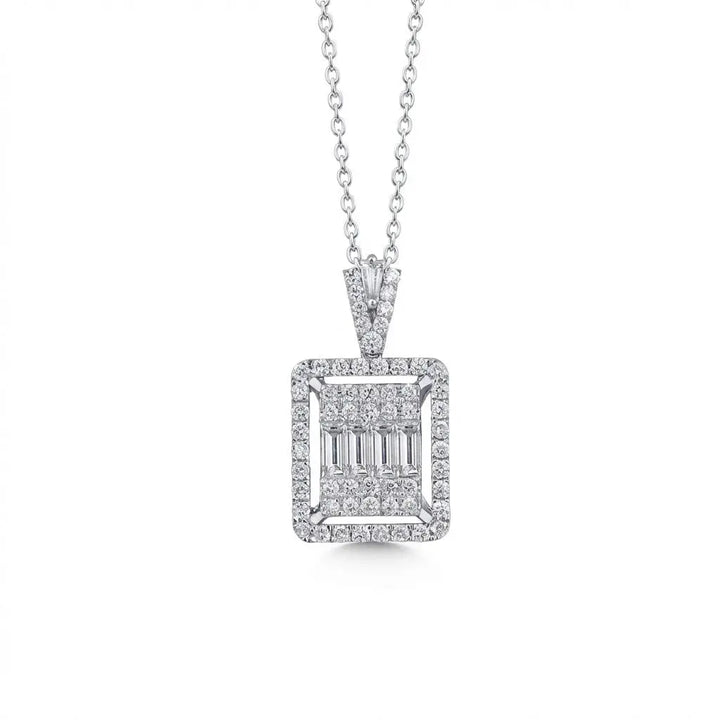 Square Baguette Diamond Halo Pendant in 14K White Gold – 1.08 ct Natural Diamonds - Majestic Jewellery