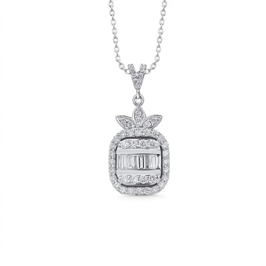 Baguette & Round Diamond Halo Pendant in 14K White Gold – 0.74 ct Natural Diamonds - Majestic Jewellery