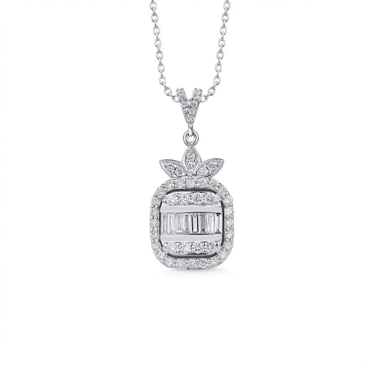 Baguette & Round Diamond Halo Pendant in 14K White Gold – 0.74 ct Natural Diamonds - Majestic Jewellery