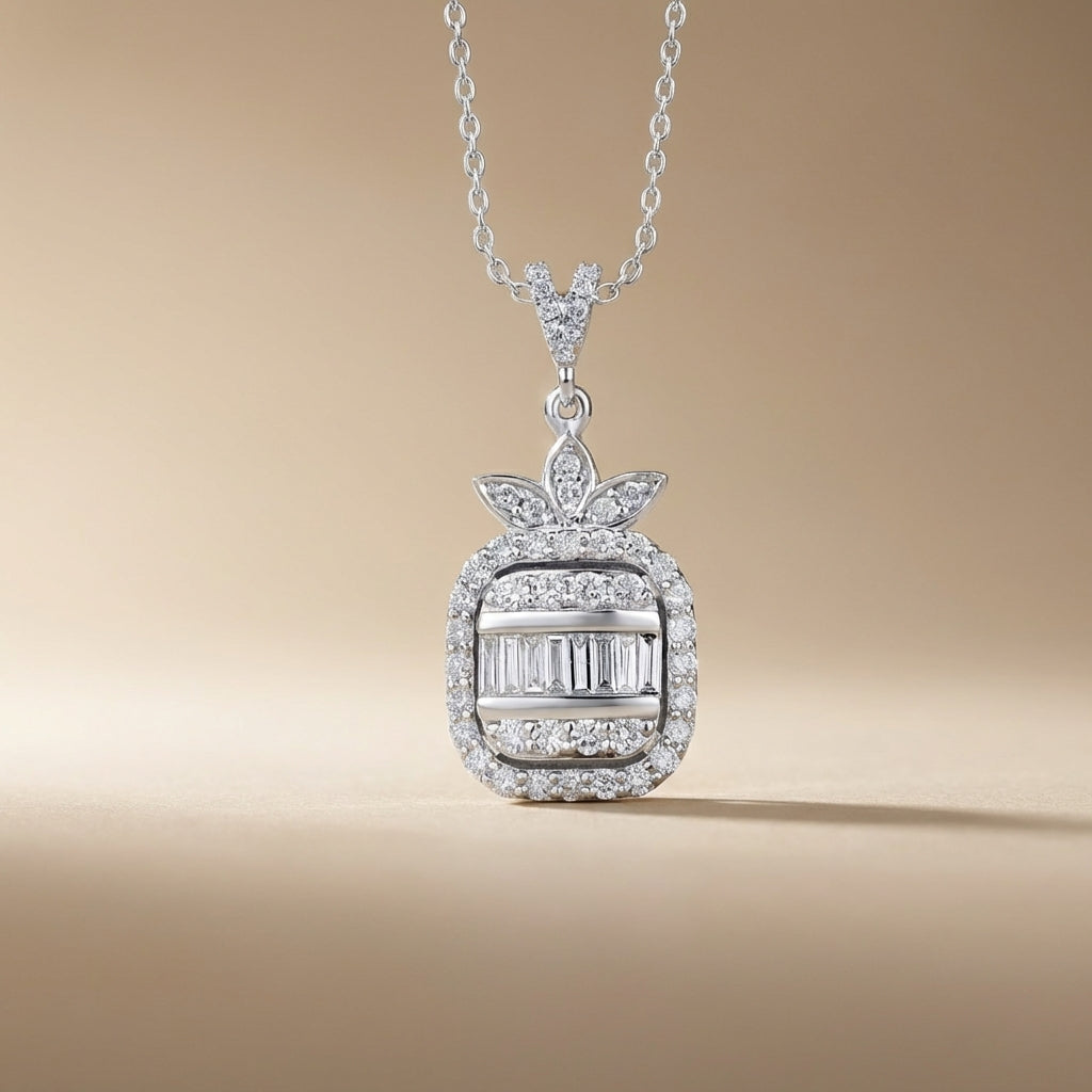 Baguette & Round Diamond Halo Pendant in 14K White Gold – 0.74 ct Natural Diamonds
