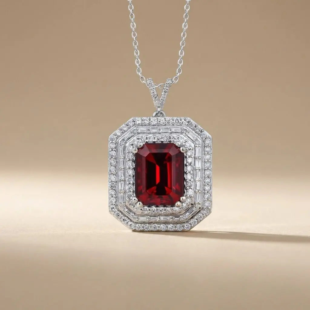 Emerald Cut Ruby & Diamond Halo in 1.12 ct Diamonds solid diamond pendant by Majestic Jewellery