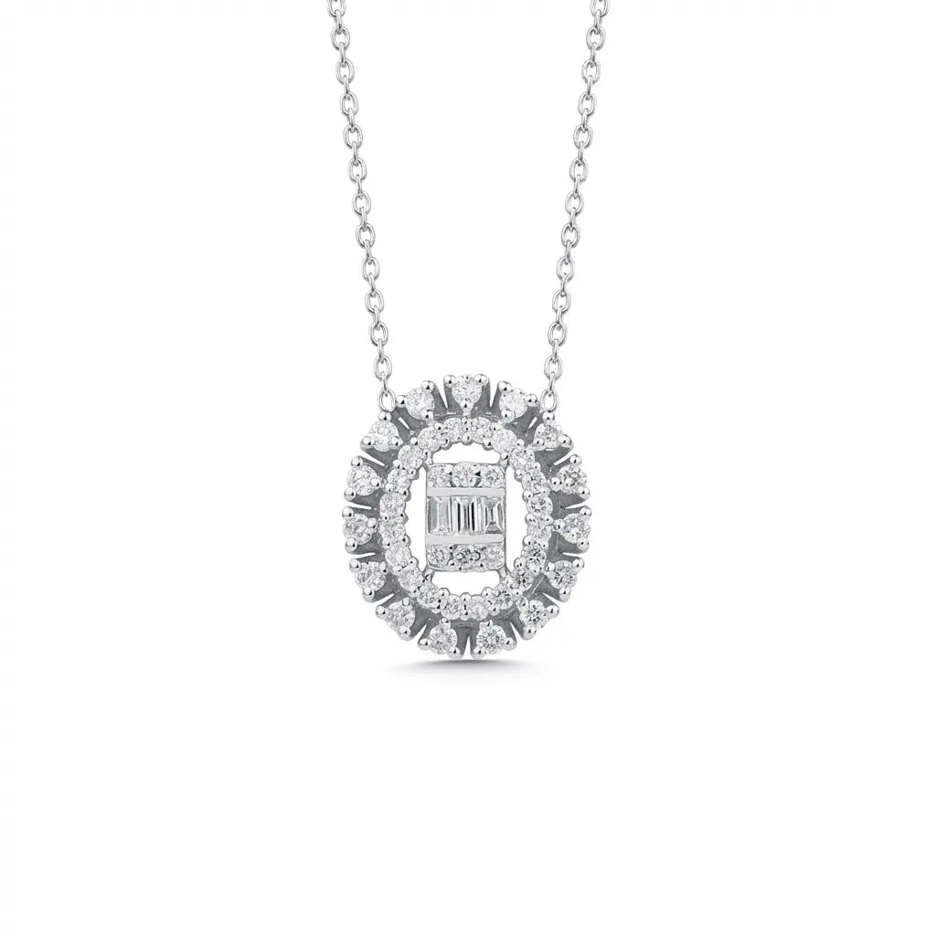 Oval Halo Diamond with Baguette Center in 0.37 ct Natural Diamonds solid diamond pendant by Majestic Jewellery