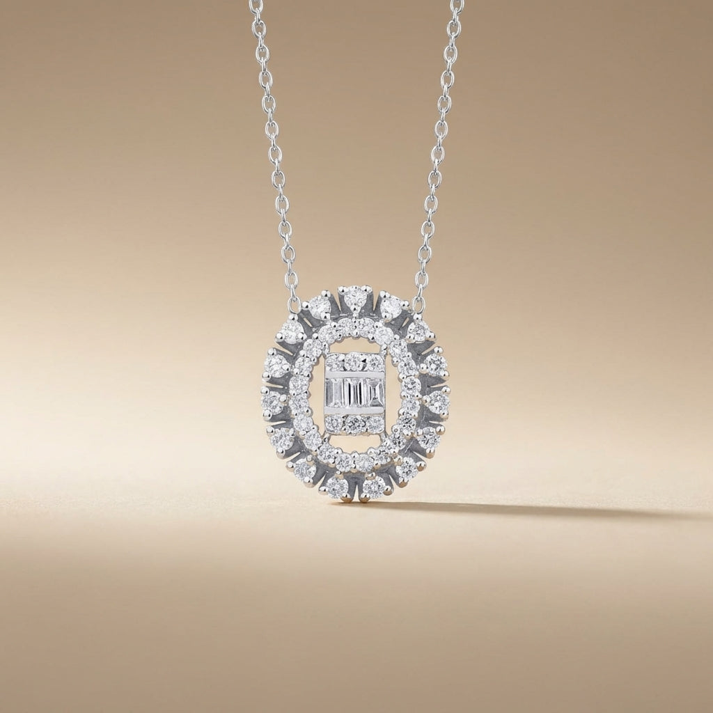 Oval Halo Diamond Pendant with Baguette Center in 14K White Gold – 0.37 ct Natural Diamonds