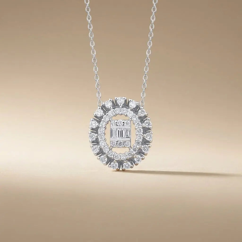 Oval Halo Diamond with Baguette Center in 0.37 ct Natural Diamonds solid diamond pendant by Majestic Jewellery