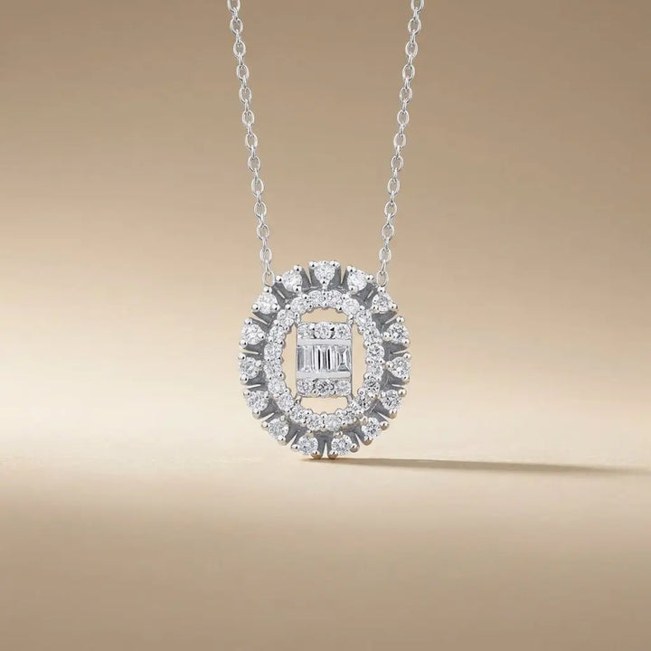 Oval Halo Diamond with Baguette Center in 0.37 ct Natural Diamonds solid diamond pendant by Majestic Jewellery