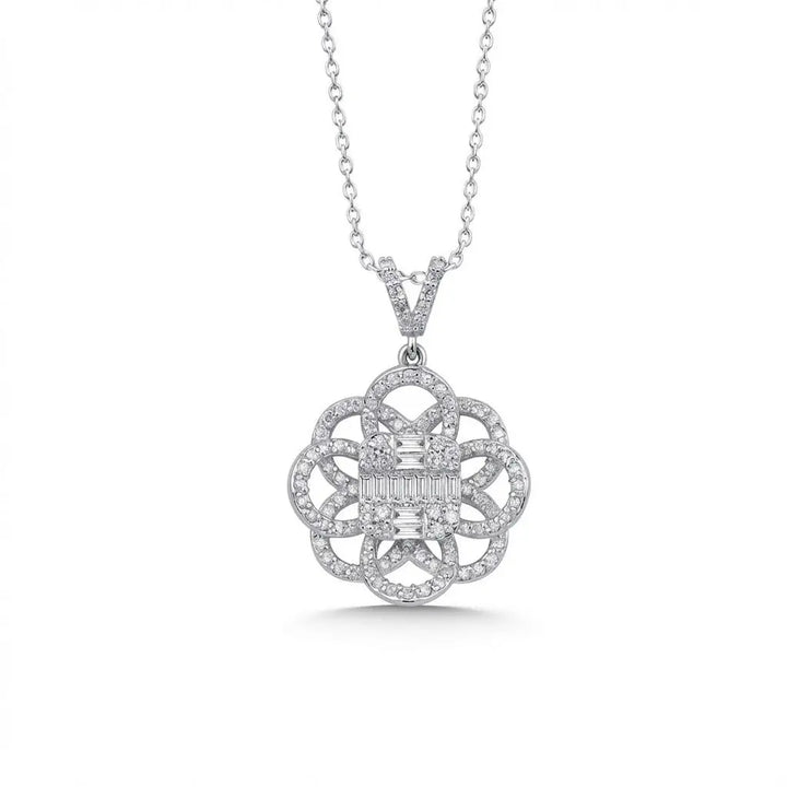 Floral Diamond with Baguette Center in 0.61 ct Natural Diamonds solid diamond pendant by Majestic Jewellery