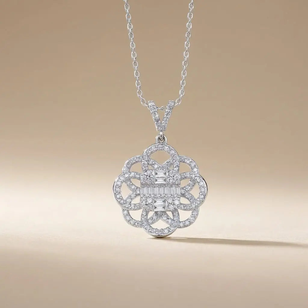 Floral Diamond with Baguette Center in 0.61 ct Natural Diamonds solid diamond pendant by Majestic Jewellery
