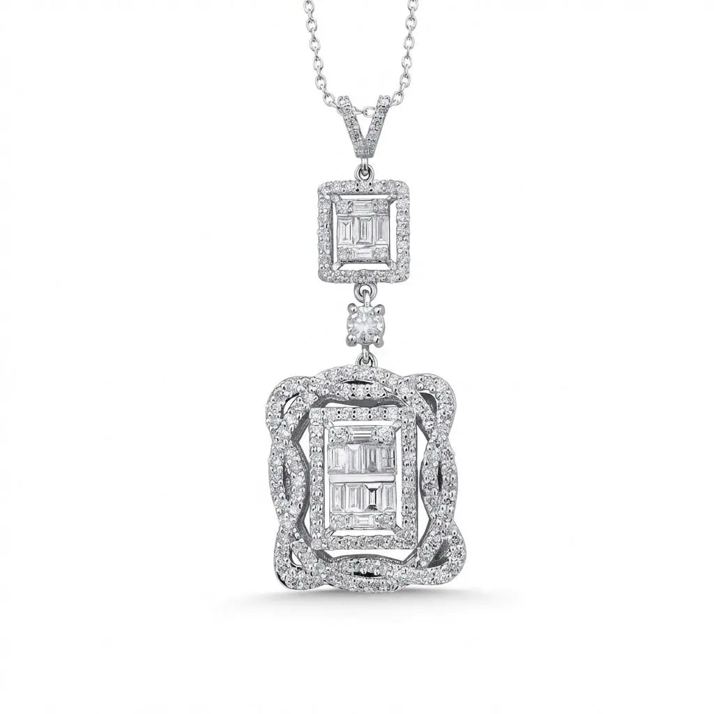 Double Halo Baguette Diamond Statement Pendant in 14K White Gold – 1.44 ct Natural Diamonds - Majestic Jewellery