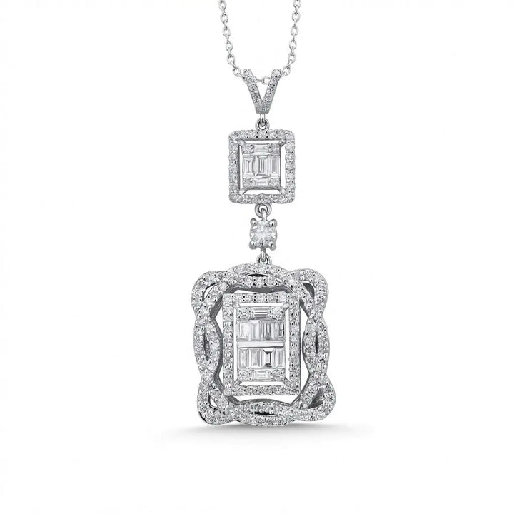 Double Halo Baguette Diamond Statement Pendant in 14K White Gold – 1.44 ct Natural Diamonds - Majestic Jewellery