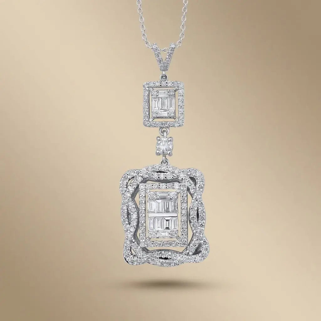 Double Halo Baguette Diamond Statement Pendant in 14K White Gold – 1.44 ct Natural Diamonds - Majestic Jewellery