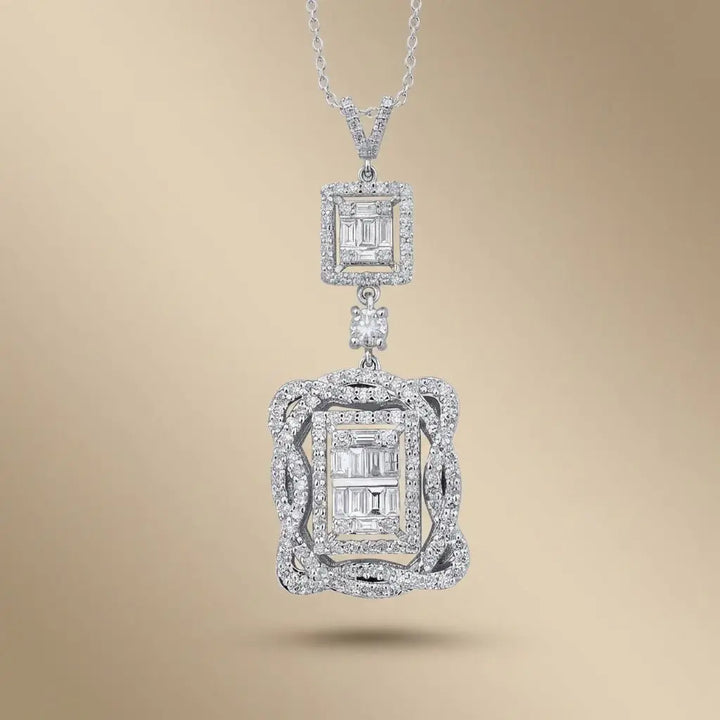 Double Halo Baguette Diamond Statement Pendant in 14K White Gold – 1.44 ct Natural Diamonds - Majestic Jewellery