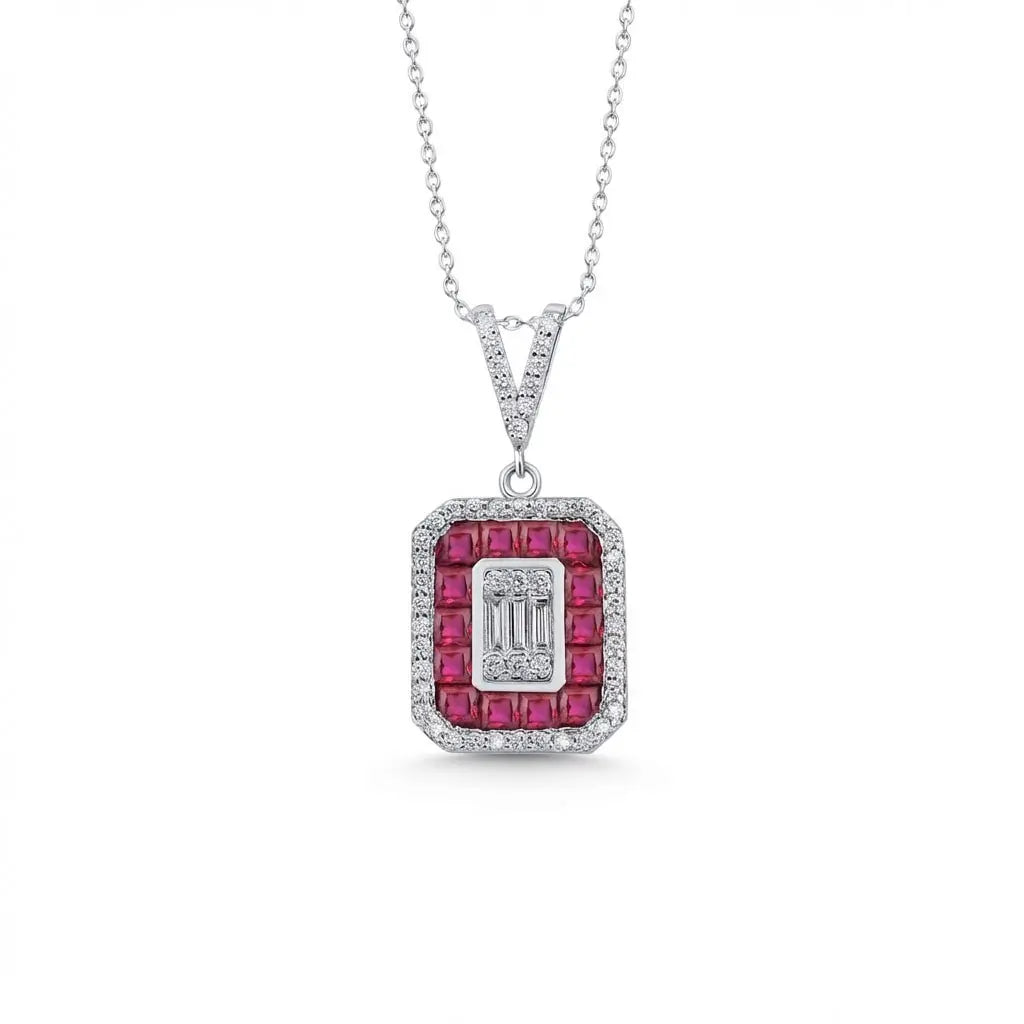 Ruby Halo Diamond with Baguette Center in 0.52 ct Diamonds solid diamond pendant by Majestic Jewellery